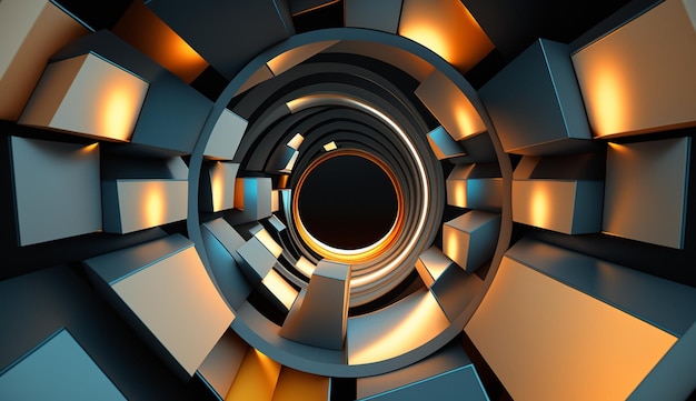 An abstract image of a circular structure with orange and yellow lights.