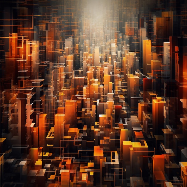 An abstract image of a city with a digital background.