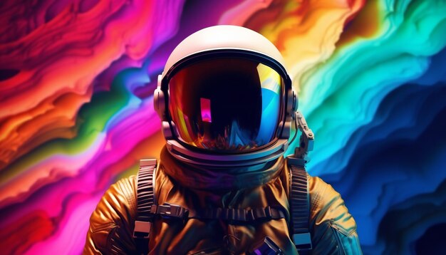 Abstract image of cosmonaut in colours of rainbow