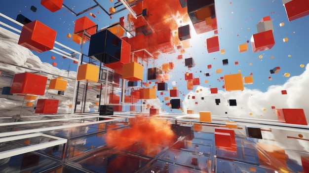 An abstract image of cubes floating in the air