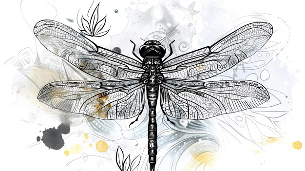 Abstract image of a dragonfly on a white background blots parchment hand drawn style thin lines and shadows profile spread wings insect transparent close up Generative by AI