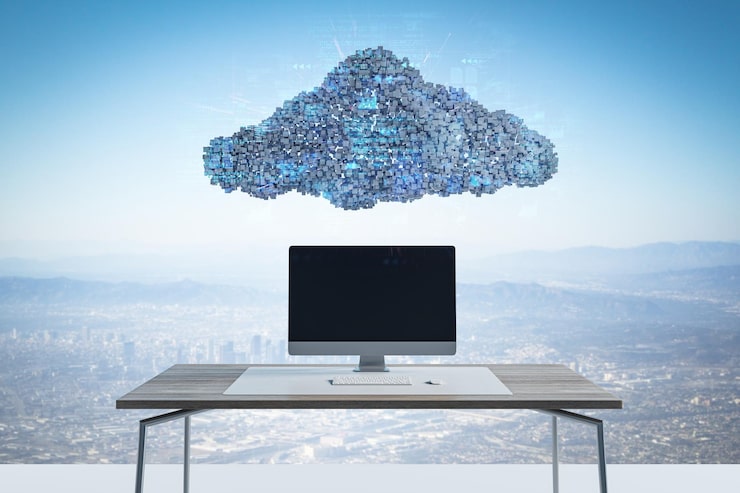 Photo abstract image of empty computer placed on desk under digital cloud with programming language on sky background digital storage database network and technology concept mock up 3d rendering