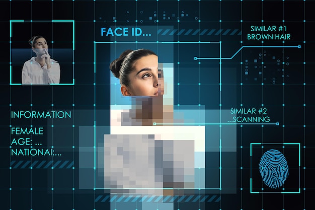 abstract image of european female face id scanning digital scan and biometric recognition