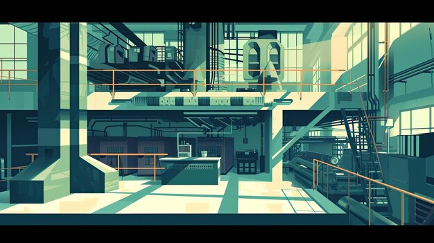 An abstract image of factory working structure Lack of furniture concrete shabby walls a lot of light large windows metal beams and structures Green tones a lot of space Generative by AI