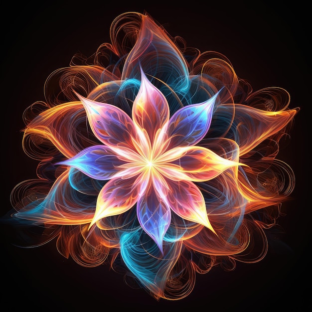 An abstract image of a fantastic flower drawn with neon glowing lines on a black background