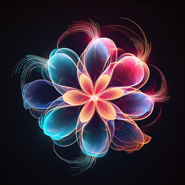 An abstract image of a fantastic flower drawn with neon glowing lines on a black background