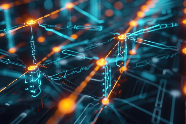 Абстрактное изображение с синим и желтым фоном, украшенным пересекающимися линиями и точками.