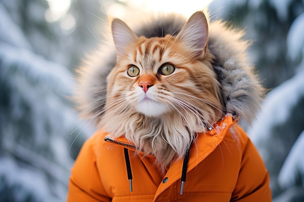 Abstract image of a fluffy ginger cat in an orange parka jacket in a winter snowy forest