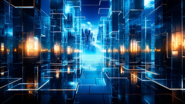 Абстрактное изображение футуристического города в синем и желтом генеративном ИИ