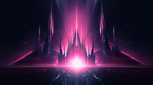 An abstract image of a futuristic city with pink lights