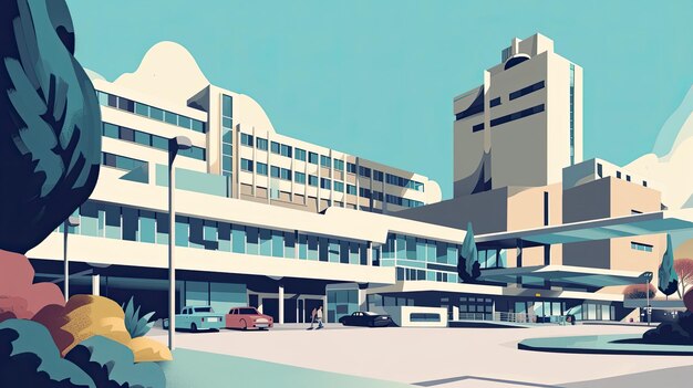 An abstract image of hospital modern office educational building office airport metro architecture business modern work corporation cartoon flat design simple geometry Generative by AI