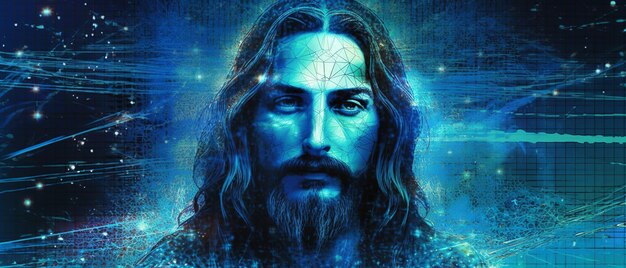 Foto immagine astratta di gesù cristo sullo sfondo futuristico blu