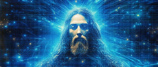 Photo abstract image of jesus christ blue futuristic background
