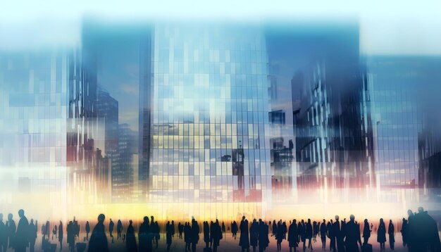 Abstract image of many business people together in group on background of city view with office building AI generative