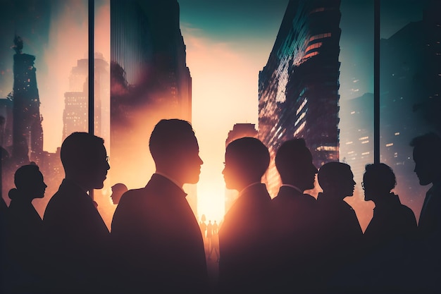 Абстрактное изображение многих деловых людей вместе в группе на фоне вида на город с генеративным искусственным интеллектом офисного здания