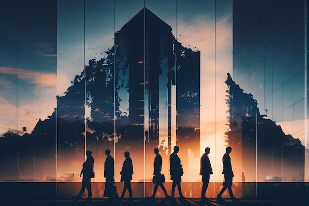 Abstract image of many business people together in group on background of city view with office building AI generative