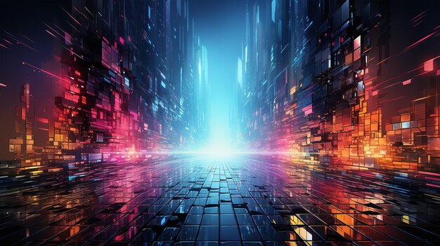 Абстрактное изображение уличного глюка мегаполиса с эффектом цветов радуги, концепция бесконечности, открытка, обои