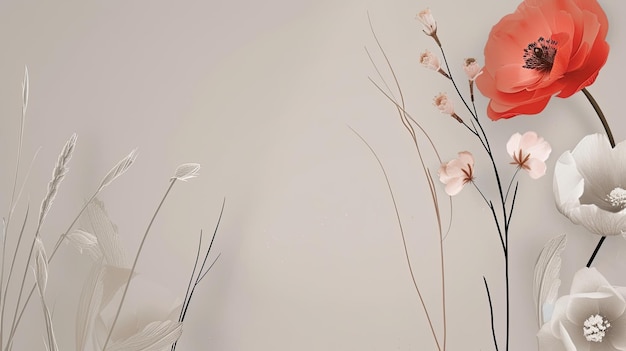 ミニマリストの背景の抽象的な画像 花の構成 緑の花びら 白い背景の枝 対照的な粗<unk>な線 ベージュ色 暖かい色彩 アート フローラ AIによって生成