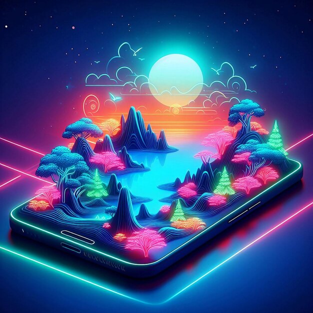 Photo abstract image of neon island landscape with mountains and trees over a smartphone display