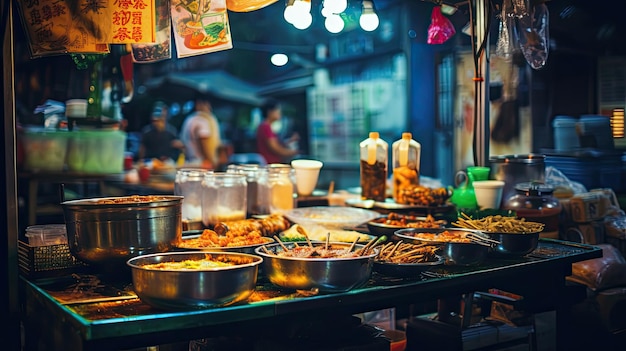 写真 背景の使用のための夜の市場フェスティバルでの食品ストールの抽象的な画像