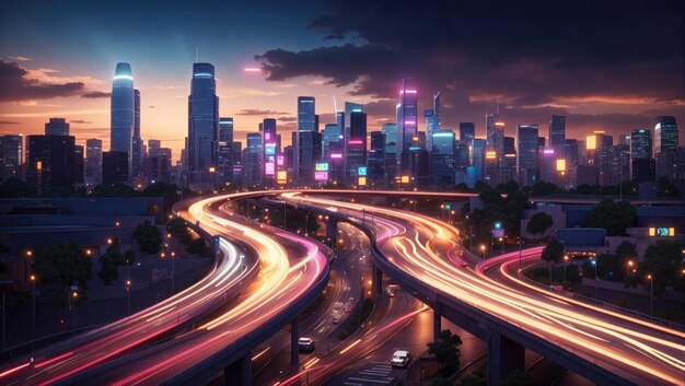 Фото Абстрактное изображение ярких ночных светофоров, протекающих по городскому пейзажу, захватывающее динамическое движение светофоров автомобилей, проходящих по городскому ландшафту