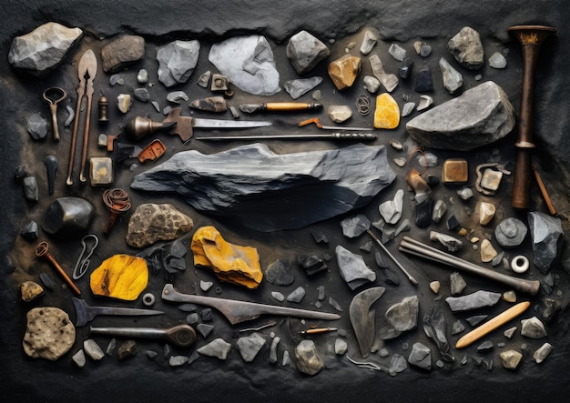 An abstract image of a paleontologist's tools arranged in a visually pleasing composition The