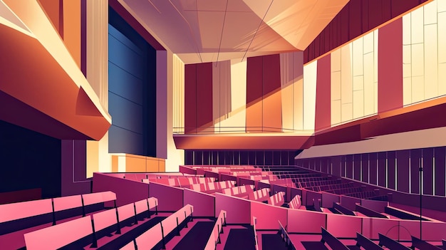 コンサートホール 演技ステージの抽象的なイメージ ピンクと黄色の色の椅子の列を描いたスタイル 空のアニメ アセンブリホールのスピーチプレゼンテーション AIによって生成された
