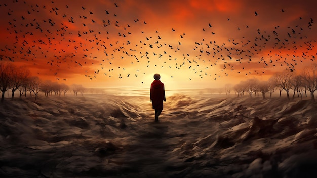 Абстрактное изображение человека на качающемся ландшафте и стае птиц