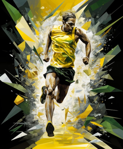 An abstract image of a person running with fragments of wood in the style of light green and