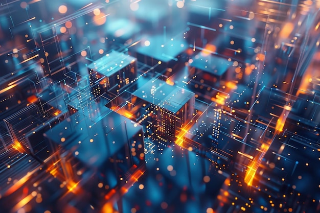 an abstract image representing blockchain technology featuring interconnected cubes and glowing lines create an abstract representation of blockchain technology in motion