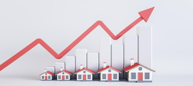 Abstract image of rising house prices on light backdrop with red arrow chart and houses 3D Rendering