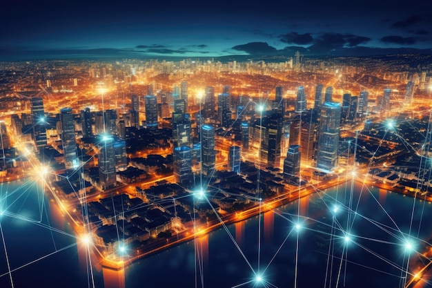 Abstract image of a smart digital city with globalization exhibiting a network link