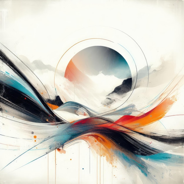 An abstract image with a white background and colorful brushstrokes in black blue orange and red