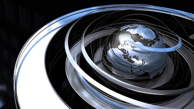 Immagine astratta di un globo mondiale con orbita a spirale in struttura d'argento