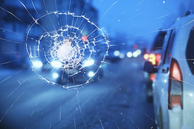 Foto imitazione astratta di un'auto di vetro rotto proiettile, guerra, crimine d'attacco, incidente