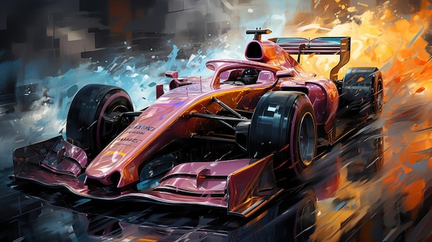ジェネレーティブ AI で作成された、サーキットをレースする F1 カーの抽象的な印象派の絵画