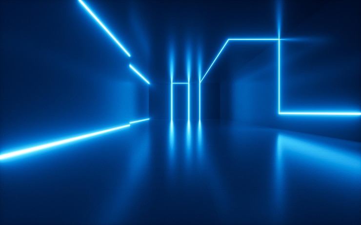 Photo abstract indoor building with neon light 3d rendering digital drawing