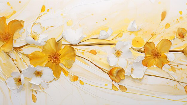 Abstract ink liquid with a garden of blooming daffodils in bright yellows