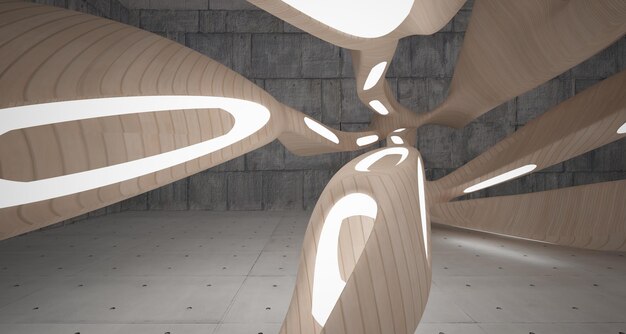 Abstract interieur van beton en hout met venster 3D illustratie en weergave