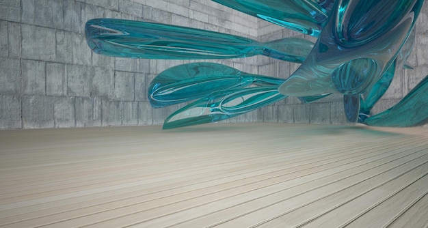 Abstract interieur van beton en hout met venster 3D illustratie en weergave