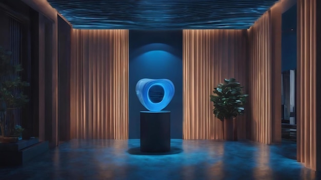 Abstract interieur van de toekomst in een minimalistische stijl met blauwe sculpturen nachtelijk uitzicht van achteren