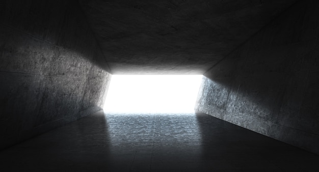 Abstract interior of a concrete tunnel with light at the bottom. 3d render.