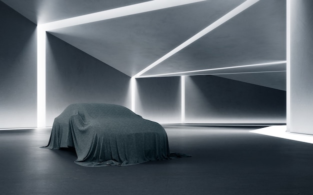 Photo abstract interior design 3d rendering of a new car covered with a cloth on the concrete floor