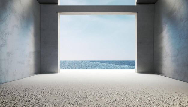 Фото Абстрактный дизайн интерьера 3d-рендеринг современного выставочного зала с видом на море пусто