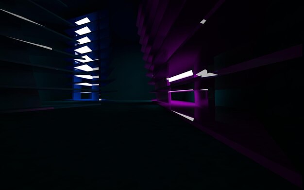 Abstract interior of the future in a minimalist style with blue sculpture. Night view from the back