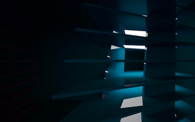 Abstract interior of the future in a minimalist style with blue sculpture. Night view from the back