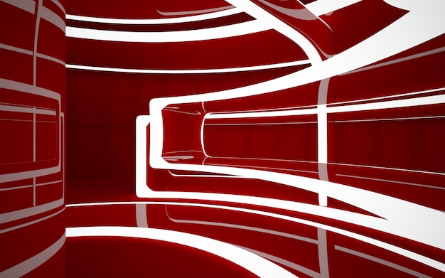 Abstract interior of the future in a minimalist style with red sculpture and water Night view Arc