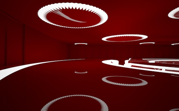 Abstract interior of the future in a minimalist style with red sculpture and water Night view Arc