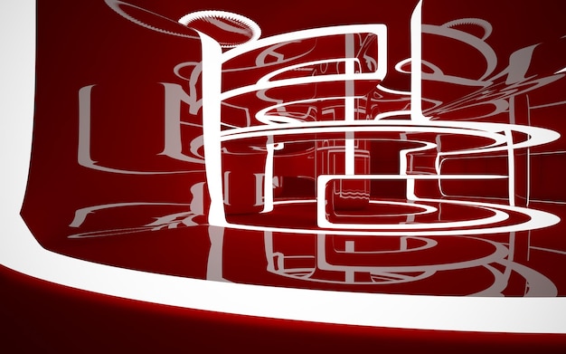 abstract interior of the future in a minimalist style with red sculpture and water night view arc