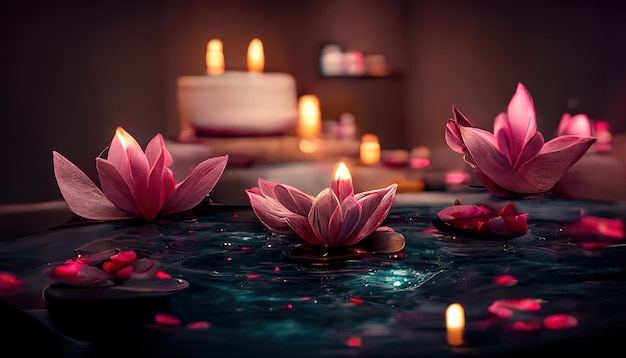 Abstract interior spa background with candles rose petals and lotuses 3D illustration Ai render